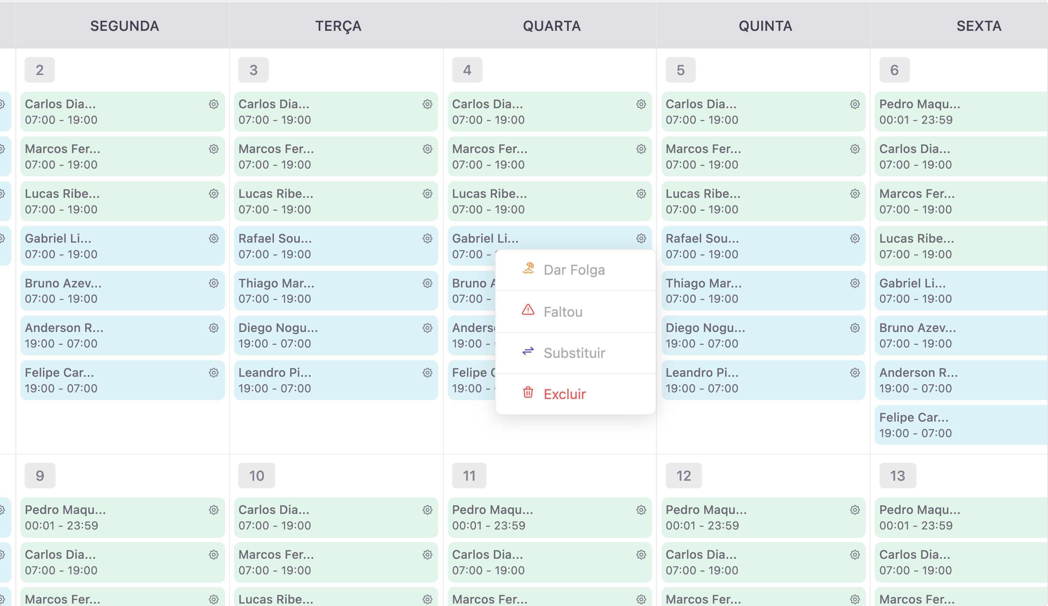 Opções na escala de maqueiros no dashboard MedMovi